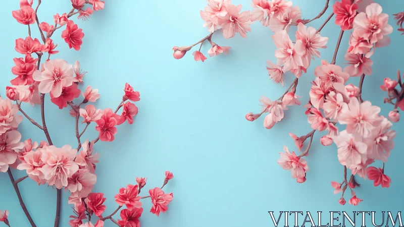 Pink Cherry Blossom Branches Against Turquoise Background