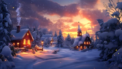 Snowy village at dusk with glowing cabins and chapel.