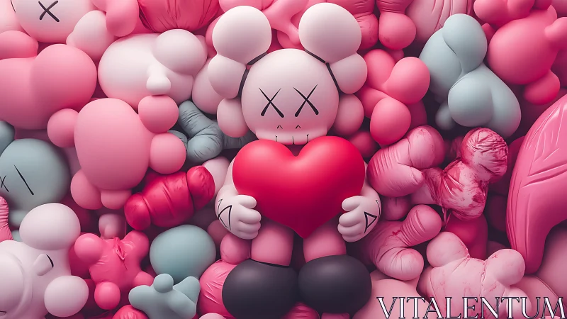 Pink vinyl figure clutches heart amid inflated shapes.