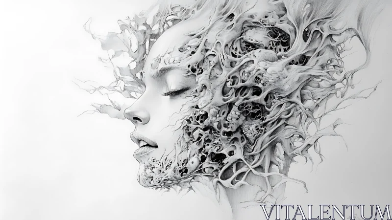 Surreal female profile dissolving into biomorphic skeletal lattice