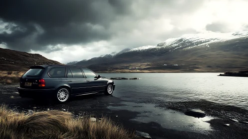 Black station wagon parked beside mountain lake under clouds