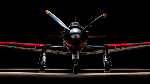 Warbird propeller fighter framed in dramatic low light.