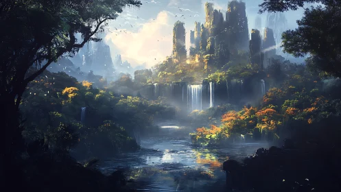 Mythic waterfall citadel in luminous forest valley panorama.