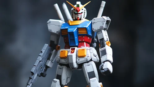 Highly detailed Gundam style robot model with rifle.