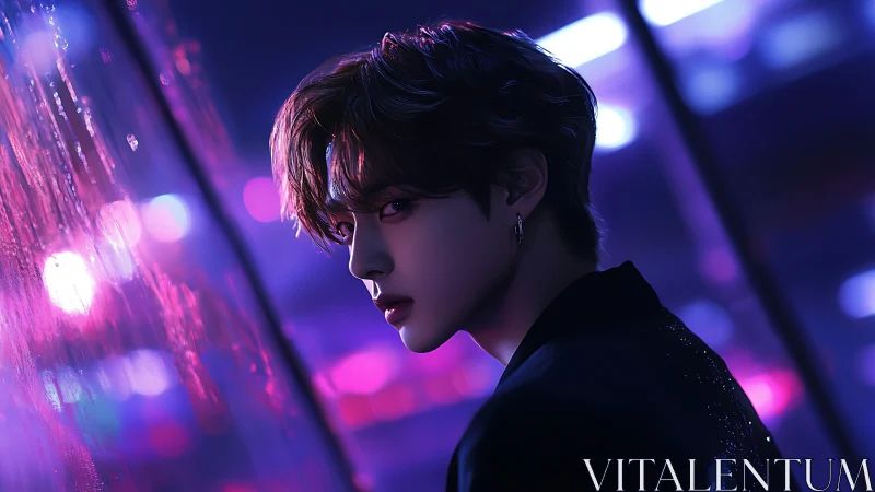 Moody neon portrait beside rain streaked city window at night.