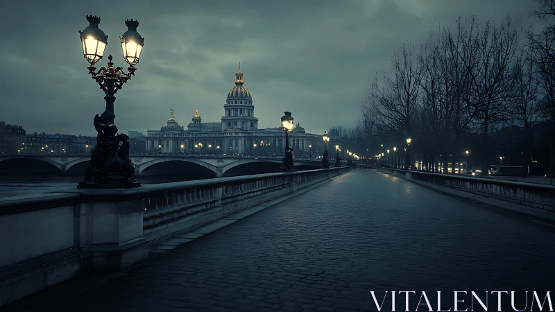 Nocturnal riverside boulevard with domed landmark skyline.