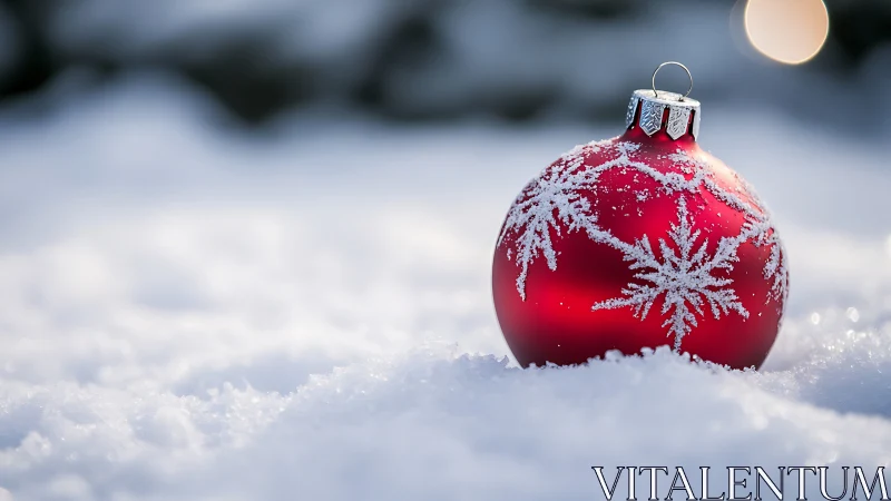 Red matte Christmas bauble on fresh snow with frosted snowflakes
