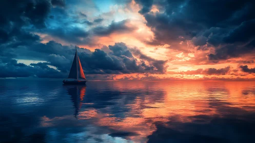 Sailboat cuts through mirrored ocean under blazing sunset sky.