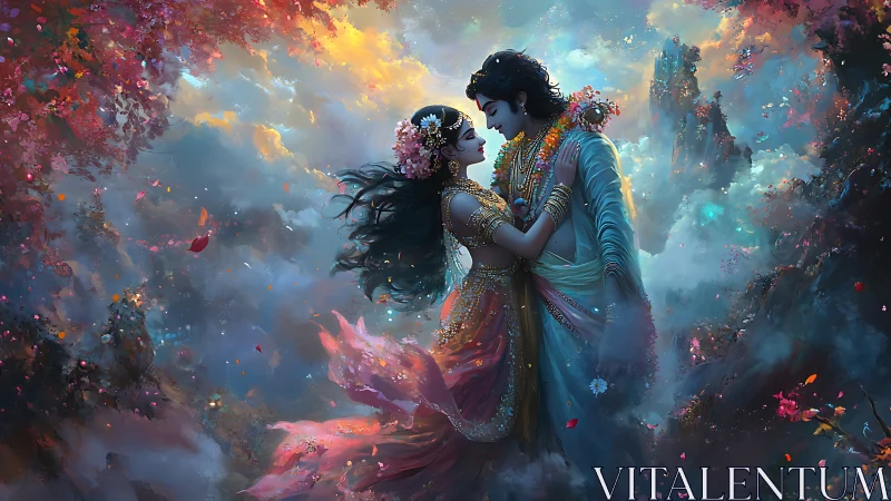 Celestial Lovers Dance Through Blooming Clouds of Light