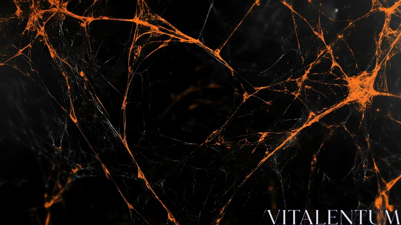 Neural filament lattice in glowing orange on black field.
