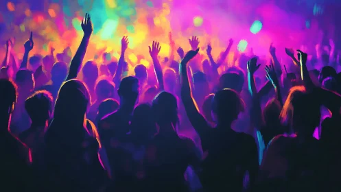 Neon crowd silhouettes under vivid festival lights at night.