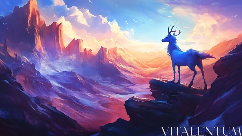 Celestial stag overlooking prismatic sunset mountain valley.