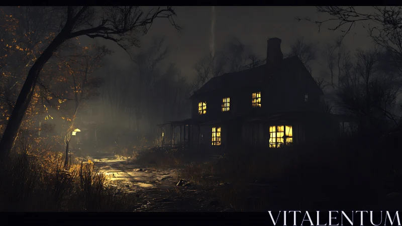 Lantern-lit path to a brooding farmhouse of restless glow.