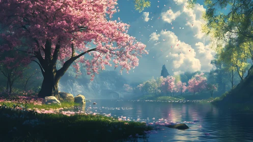 Blossom-laden river dream under cloud-cast spring light.