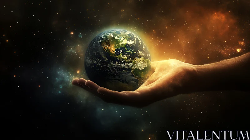 Illuminated Earth sphere cradled in human hand against nebular void