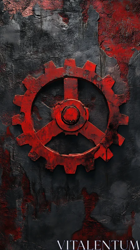 Heavily weathered red gear emblem on distressed metal slab
