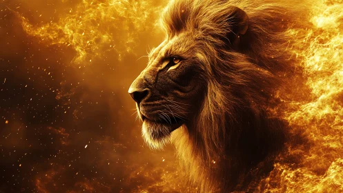 Fiery lion gazes forward with calm strength and glowing pride