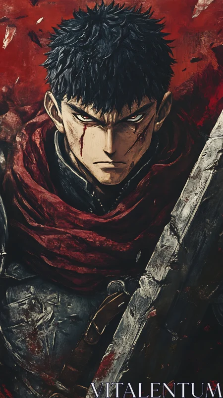 Armored swordsman stares forward with bloodied face