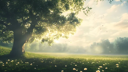 Digital painting of sunlit meadow beneath flowering oak canopy.