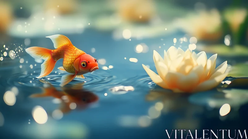 Pouting goldfish patrols dreamy lily pond of soft light.