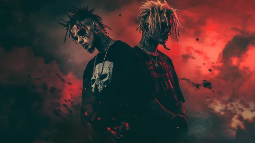 Dual moody portrait of tattooed men in crimson storm haze.