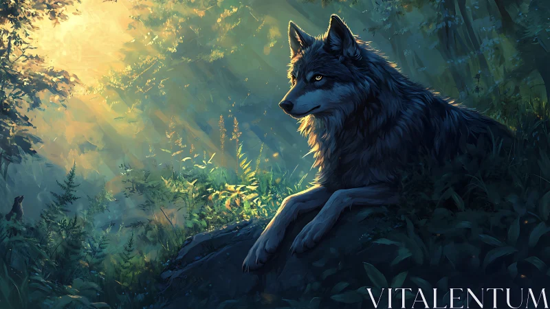 Wolf lies on forest rock while sunlight filters through trees