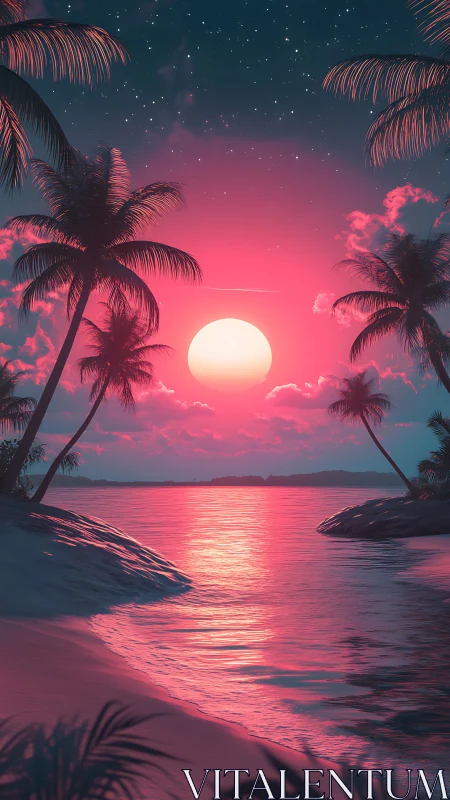Neon dusk seascape renders tropical shoreline in vaporwave palette