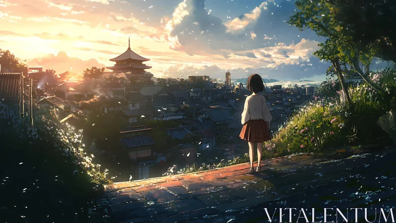 Twilight cityscape with solitary girl in luminous anime vista.