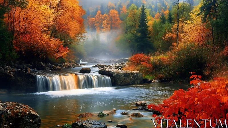 Autumn forest river with waterfall and bright foliage scene.