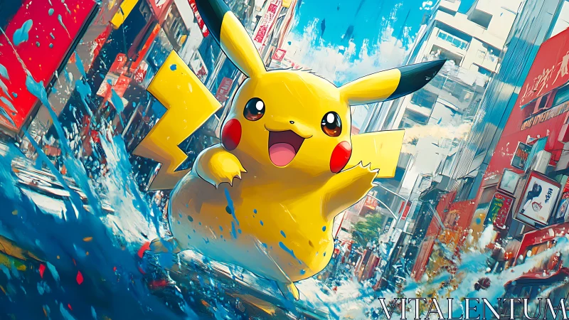 Pikachu splashes through colorful futuristic city street.