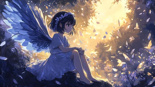 Twilight-winged girl resting in a gold-dusted forest hush.