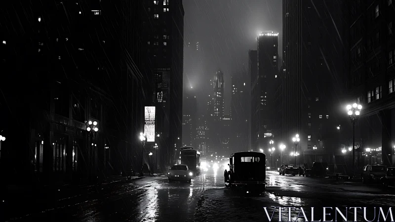 Noir urban avenue in heavy rain with vintage traffic flow.