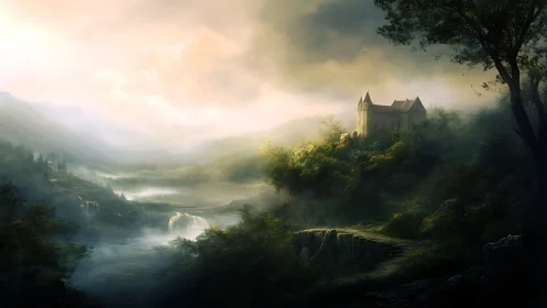 Hilltop stone castle above misted valley and waterfalls.