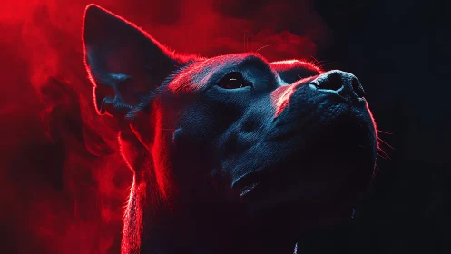 Intense close up of dog head in red neon smoke glow.