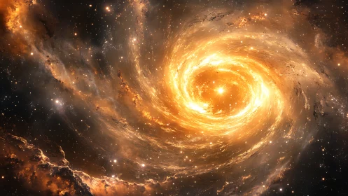 Golden stellar vortex swirls through dense cosmic dust field