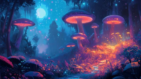 Bioluminescent forest path with oversized fungi under saturated moonlight