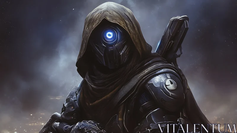 Hooded cybernetic ranger stands watch in a stormy cosmos