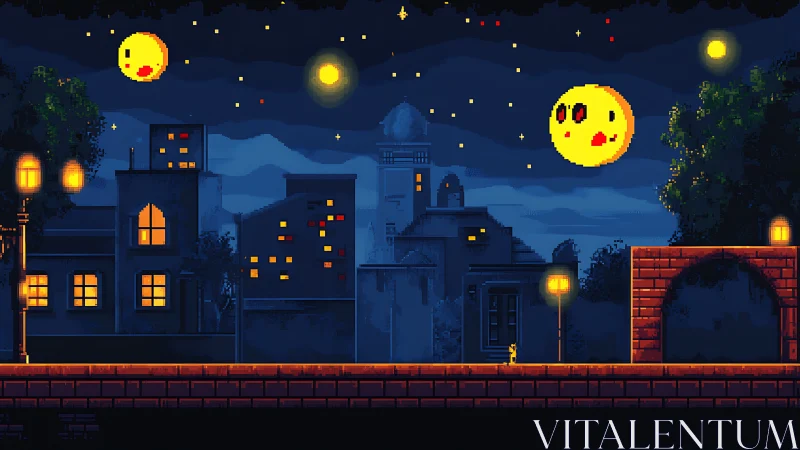 Midnight pixel city under twin smiling moons aglow.