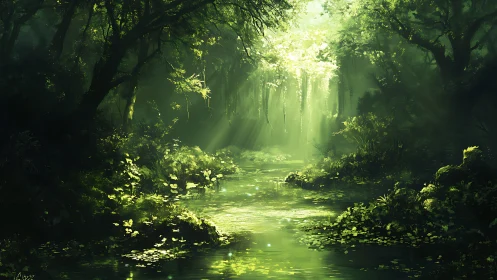 Luminous Forest Ravine with Volumetric Light and Flowing Watercourse