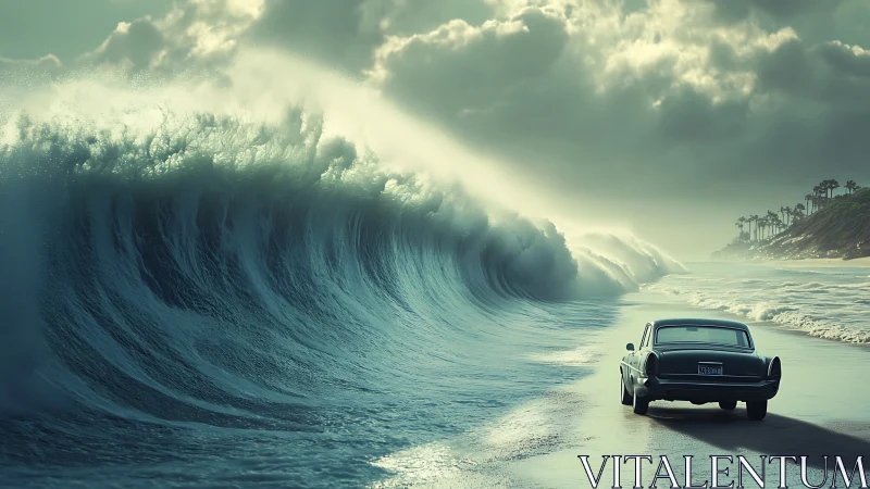 Vintage car confronts colossal curling wave on deserted shore