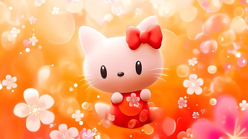 Cute chibi cat character with red bow amid blossoms.