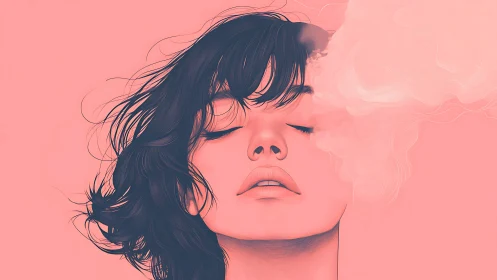 Calm digital portrait of woman with closed eyes and smoke.