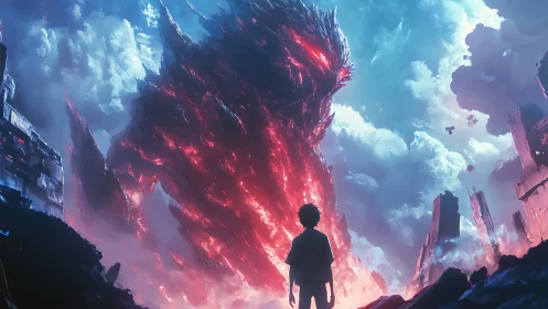 Silhouetted figure observes towering red entity in clouds