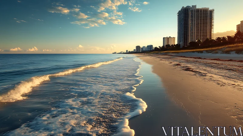 Sunlit shoreline with high-rise skyline in warm golden hour