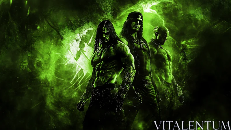 High-contrast green trio in dramatic digital composite staging.