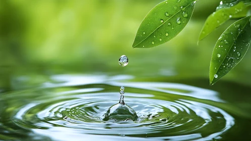 Gentle water droplet lands softly beneath fresh green leaves