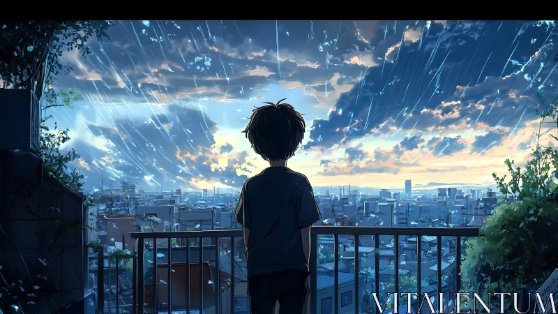 Solitary figure observing urban skyline during rainfall.