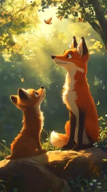 Two stylized foxes observing butterflies in forest light.