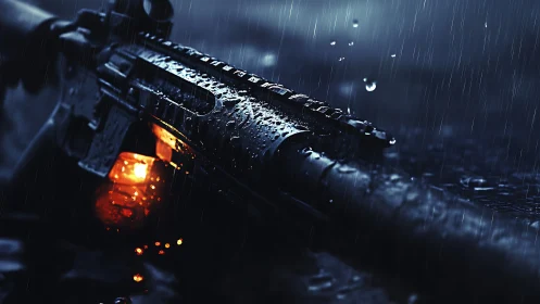 Rain-soaked rifle smolders through storm-slashed midnight