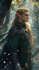 Elf warrior in ornate green armor standing in forest light.